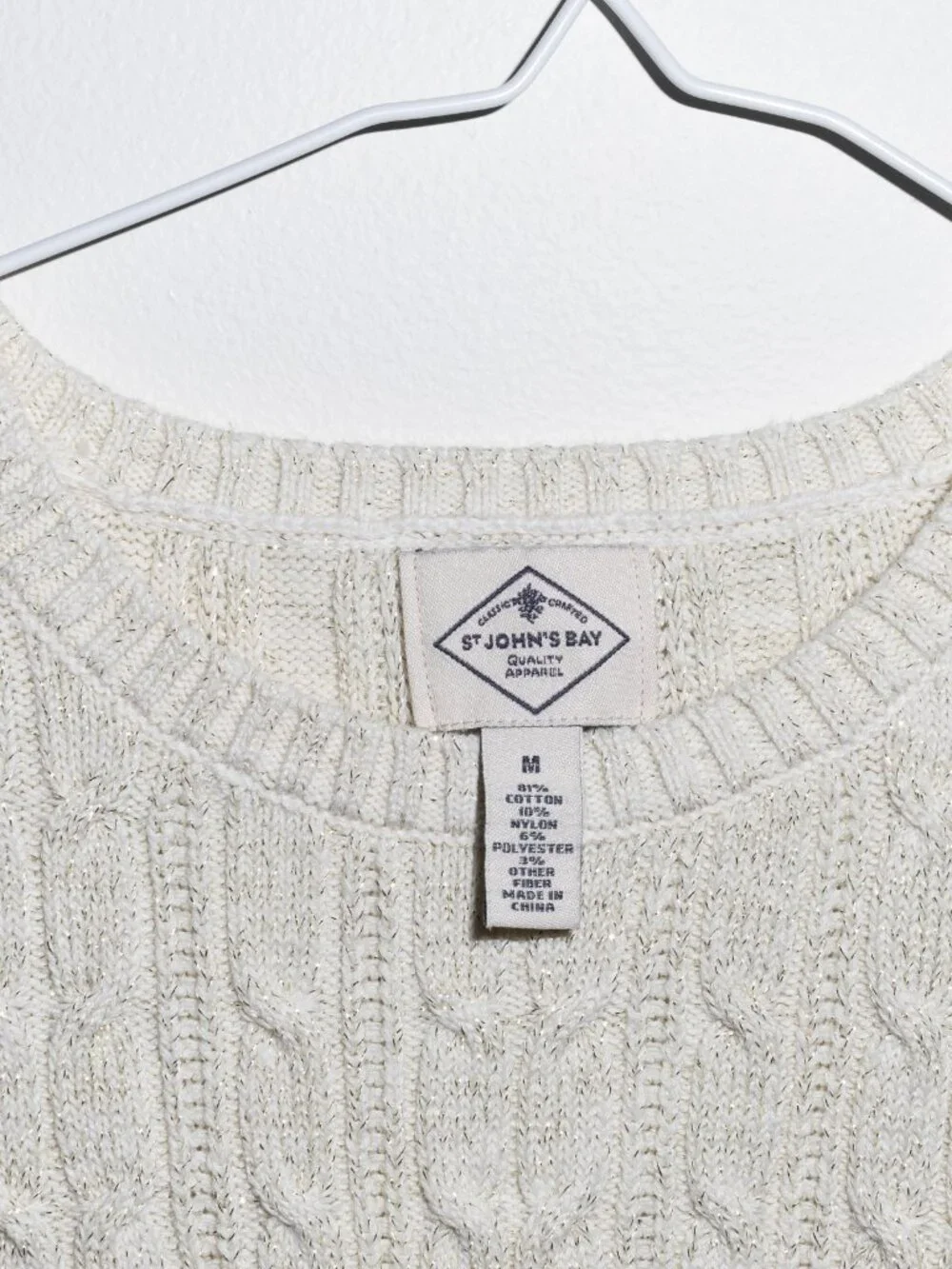 St. John's Bay IVORY & SILVER Cable Knit Pullover CHUNKY Sweater